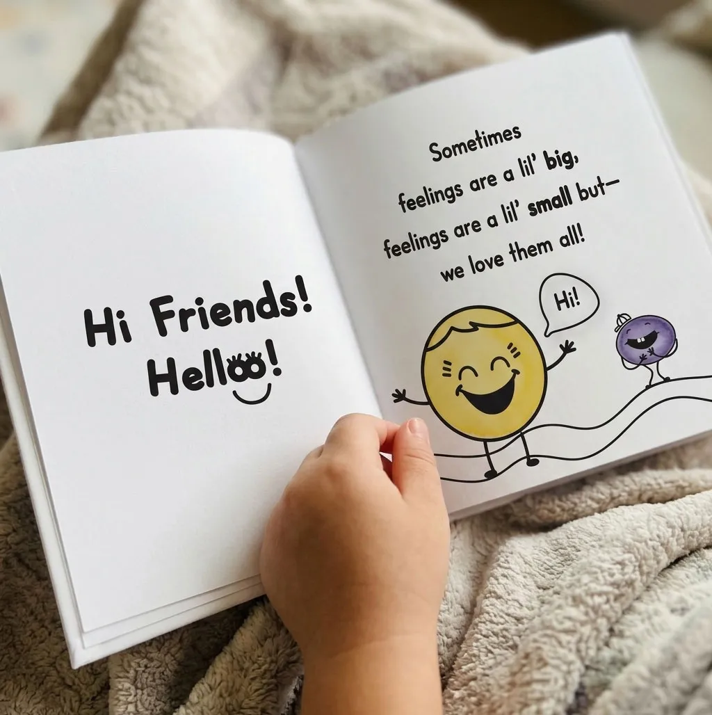 A child holding the open My Lil' Emotions book