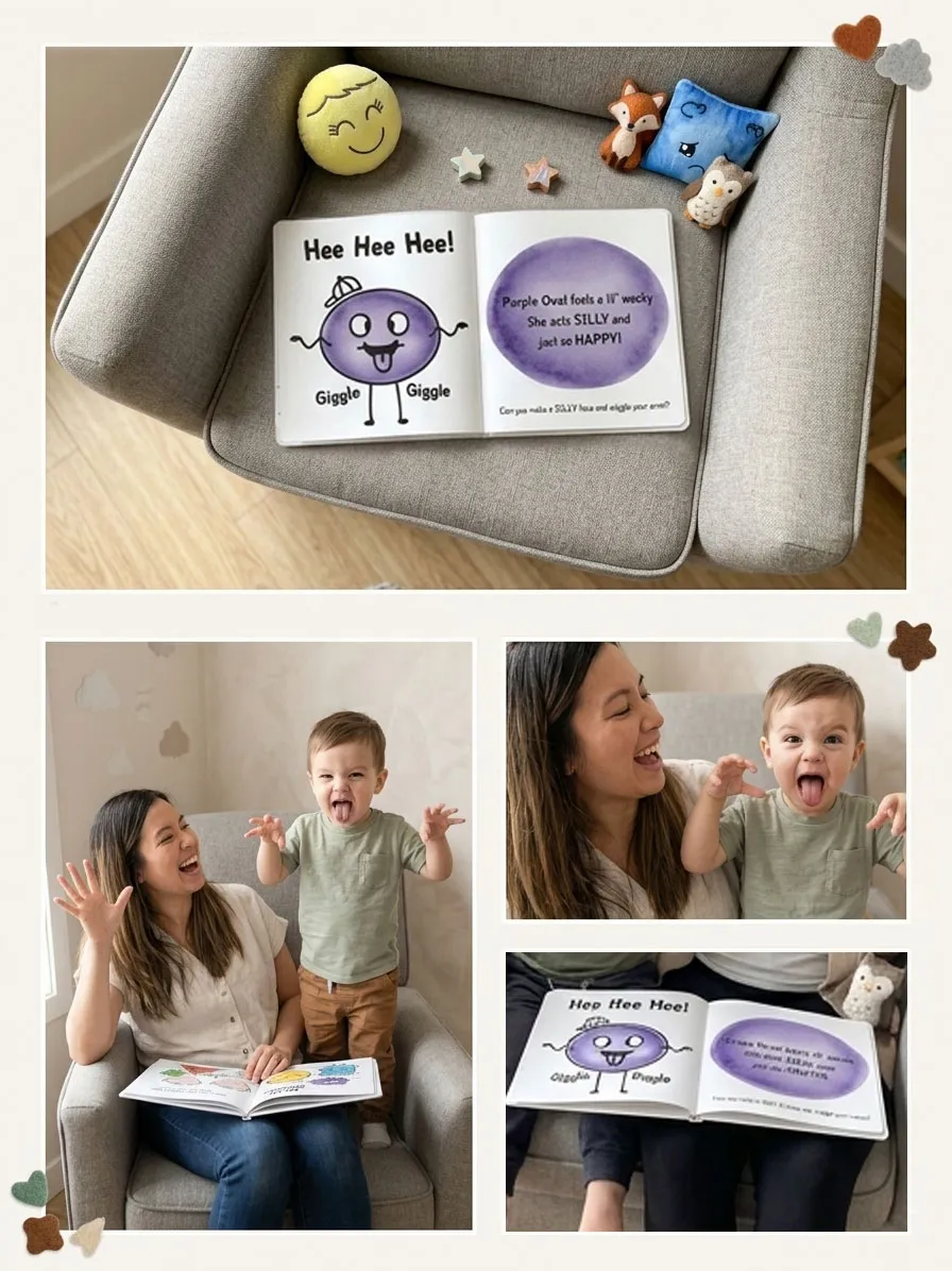 A parent and toddler reading the My Lil' Emotions book together