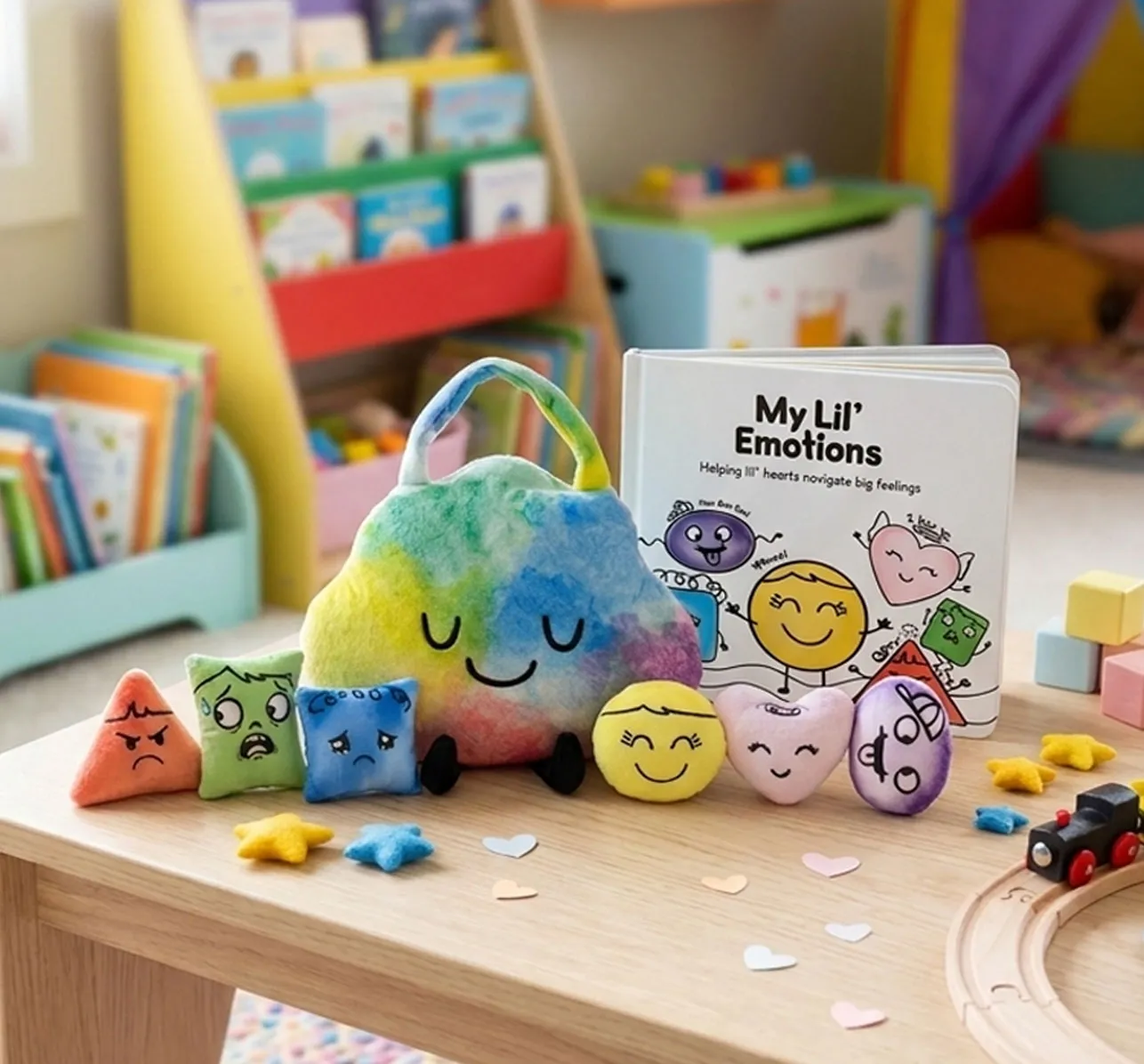 The My Lil' Emotions book and rainbow Cloud Pouch in a sunny playroom